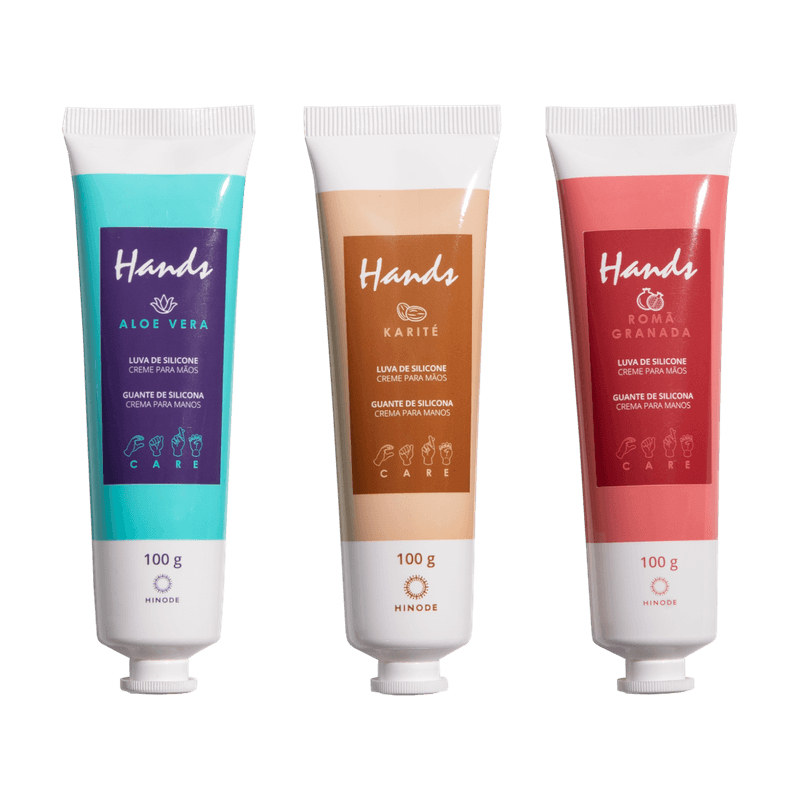 Kit 3 Luva de Silicone Hinode 100g Creme Hidratante para as Mãos Aloe vera Karite e Romã