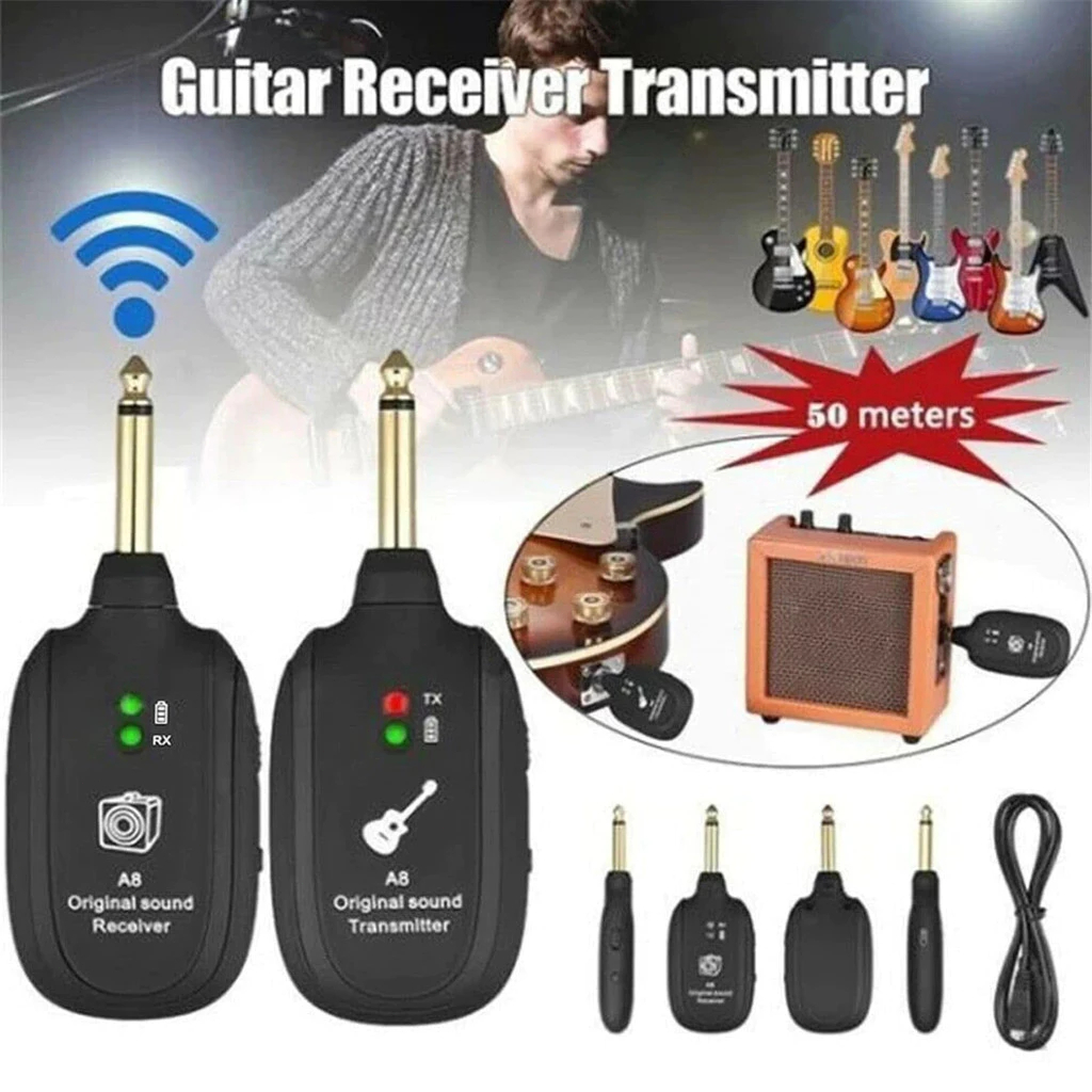Sistema Sem Fio Miwayer A8 para Guitarra, com Transmissor e Receptor de 4 Canais para Guitarra, Baixo e Violino.