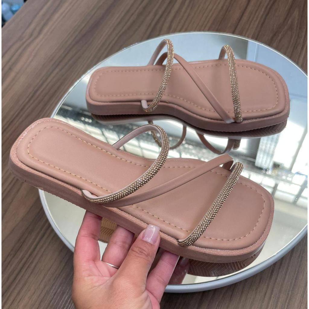 Sandália Feminina Papete Birken Strass Sola Baixa Lançamento