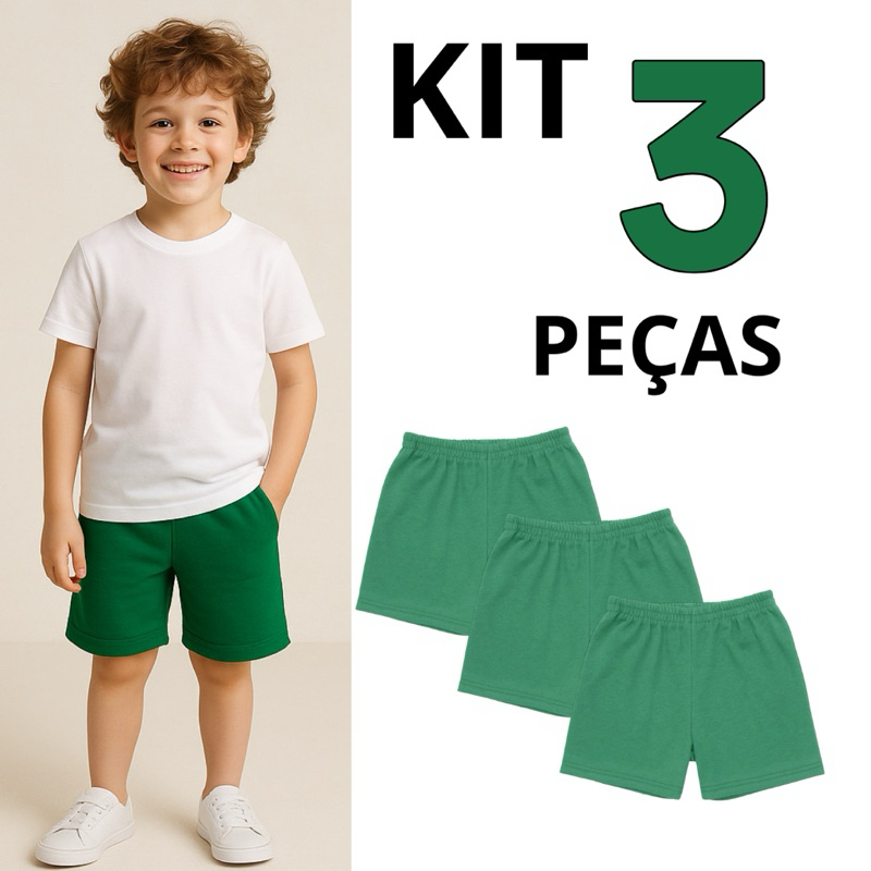 KIT 3 Short Infantil Menino Verde Uniforme Moletom 100% Algodão (0077) em Oferta na Shopee