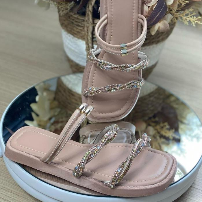 Sandália 2 em 1 Feminina Birken Tiras Cruzadas Strass Brilhante Rasteira