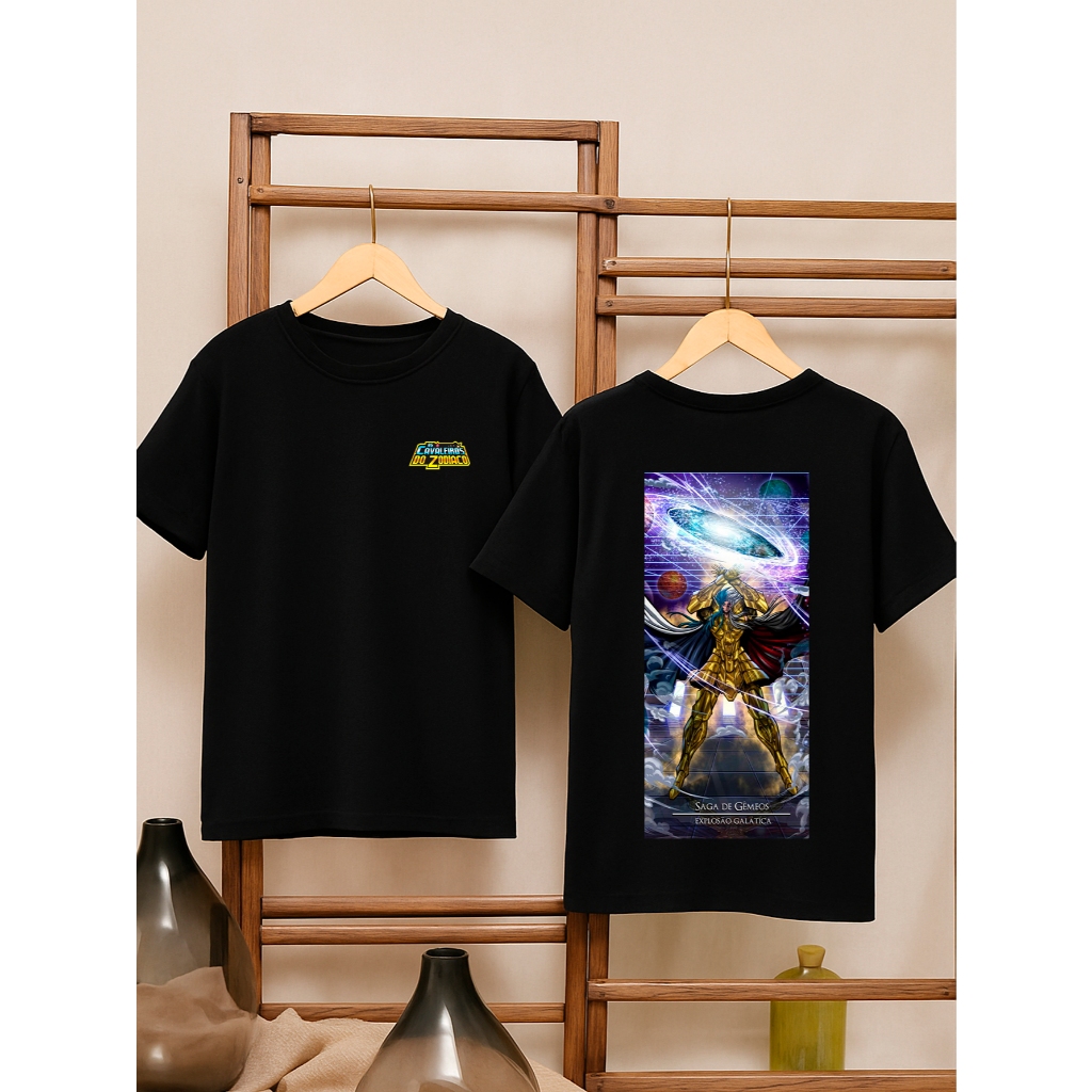 Camiseta Masculina Slim Estampada Frente e Costas 100% Algodão Cavaleiros Do Zodiaco Saga de Gêmeos