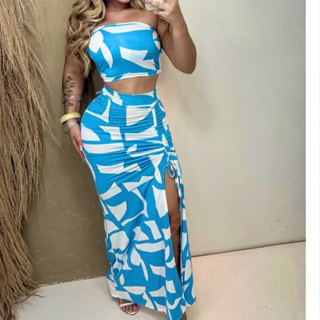 Conjunto Feminino Saia Longa Empina Levanta Bumbum Croped top Faixa Estampa Exclusiva Fenda em Oferta na Shopee