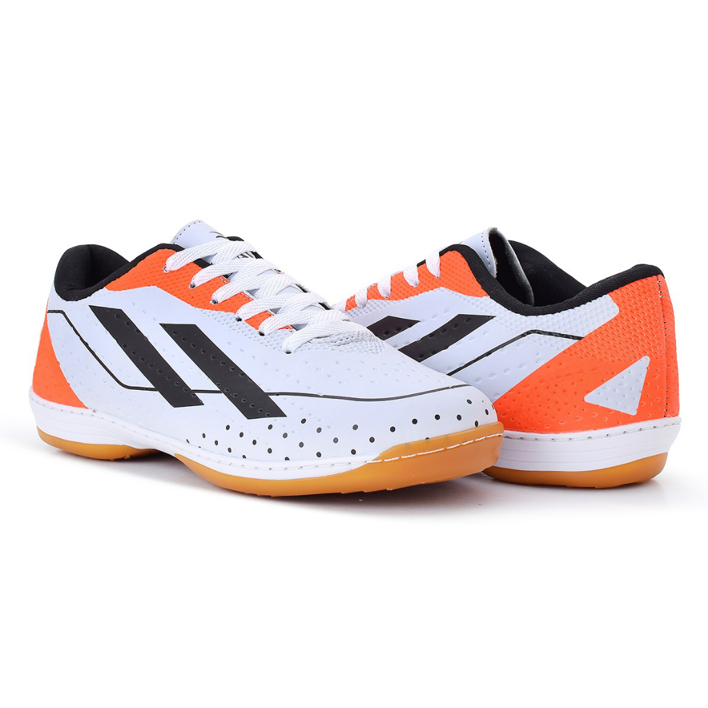 Chuteira de Futsal Unissex Branco Laranja Futebol Quadra Salão e Campo com Solado Costurado