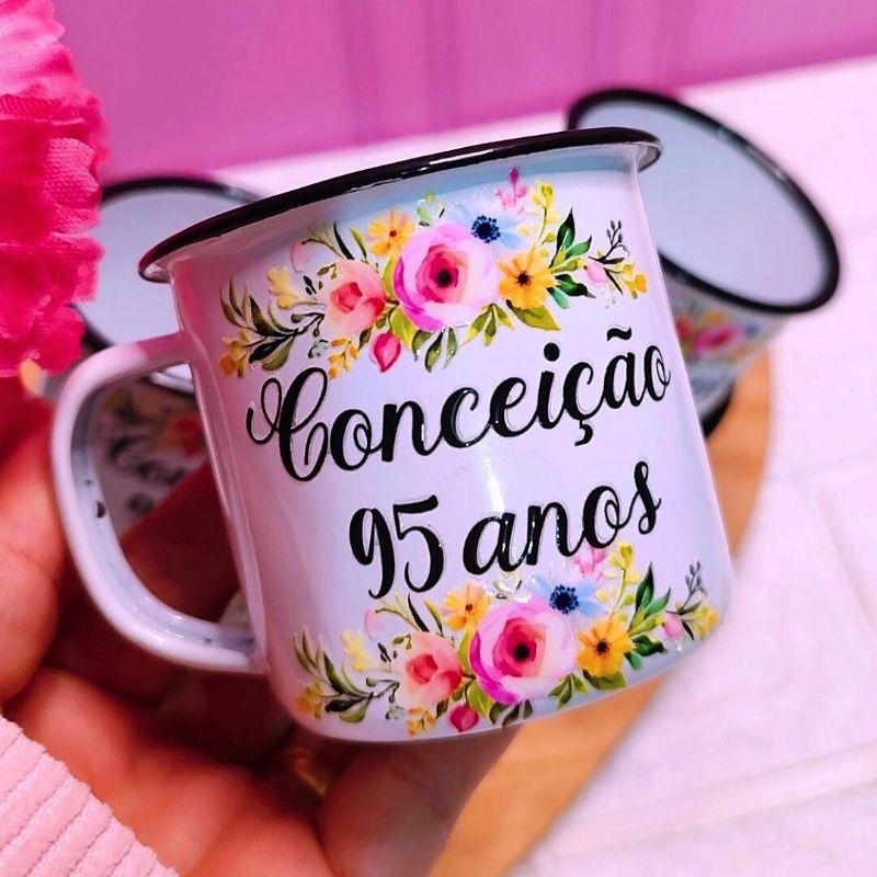 Canecas Esmaltadas Personalizadas/150ml/Casamento/Aniversário/Maternidade/Chá Revelação/Chá de Casa Nova