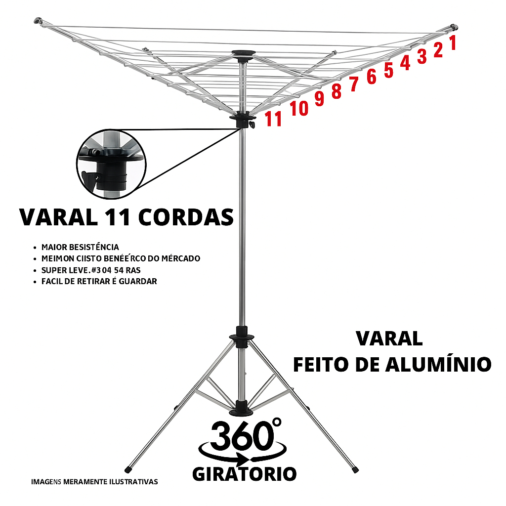 Varal Giratório de Chão 11 Cordas 360° 40m UV Portátil Alumínio Forte Resistente Bi-Partido