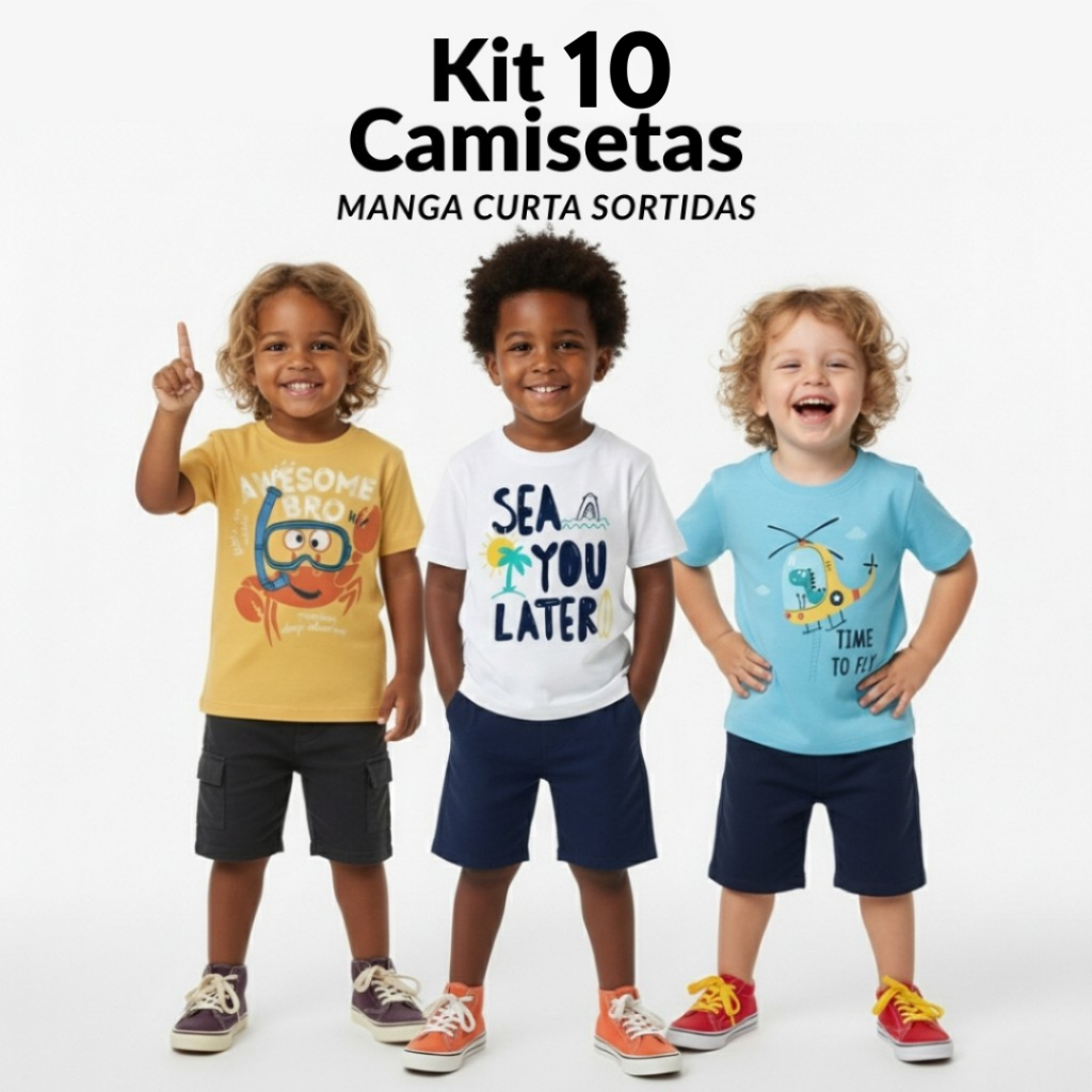 Kit Sortido 10 Camisas Infantil Masculino Menino Algodão Camiseta Manga Curta Verão Tamanho 02 ao 14