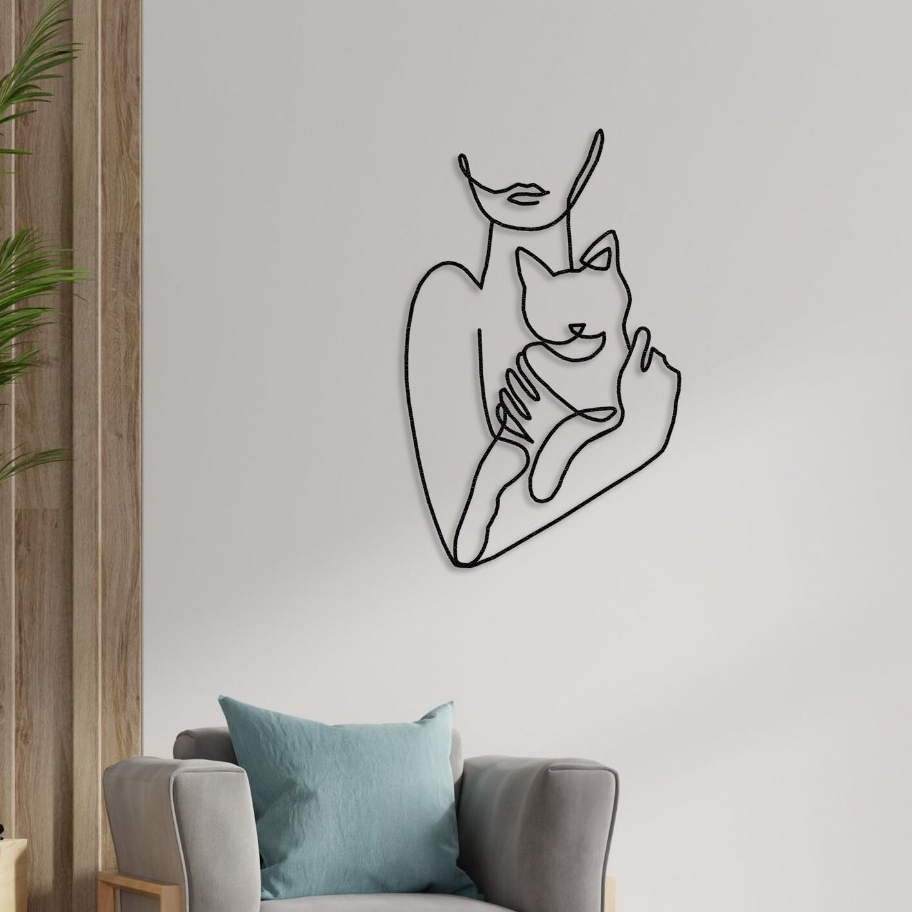 Quadro Decoração Mulher e Gato Aplique De Parede Vazado Fine Line Delicados Linhas Amor por Pets Mdf