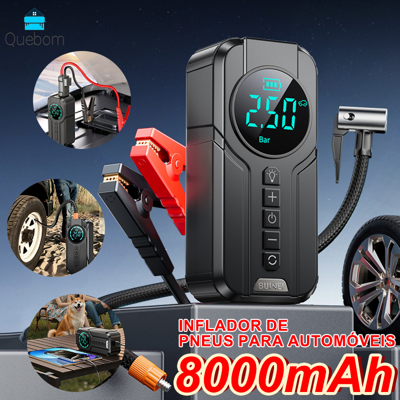 Bomba de Ar Portátil Compressor Multiuso 7 em 1 Power Bank 8000mAh Inflador 12V para Carro Moto Bicicleta Pneus Digital