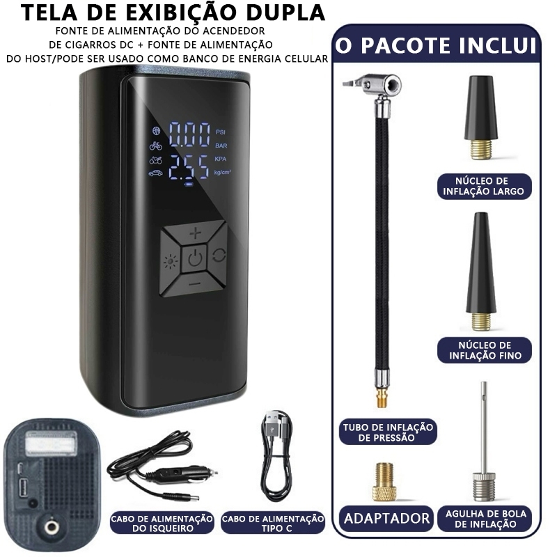 Bomba de Ar Portatil Compressor Inflator Multi-função 3 em 1 PowerBank 6000mAh 150PSI