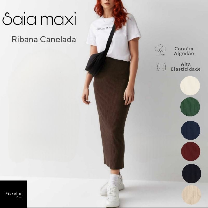 Saia maxi feminina canelada Algodão e Elastano Midsize Moda Gringa do P ao GG em Oferta na Shopee