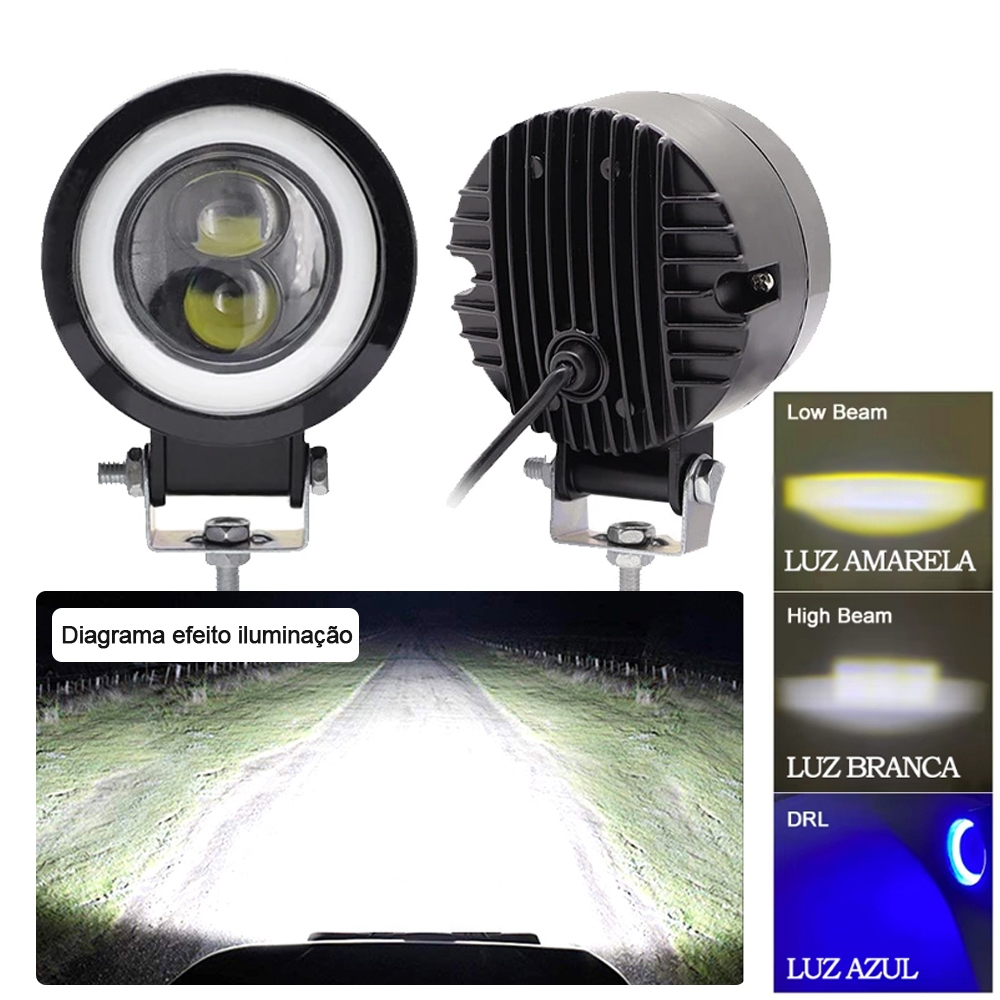 Par Farol de Milha LED 120W 18000lm 3 Cores com Angel Eye Luz Auxiliar para Moto e Carro Jeep Off Road