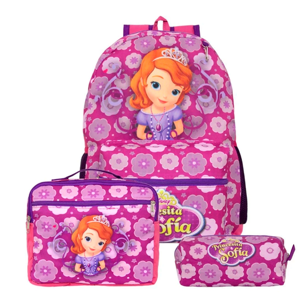 Kit Mochila de Costas Princesinha Sofia com Lancheira Térmica e Estojo Escolar Juvenil