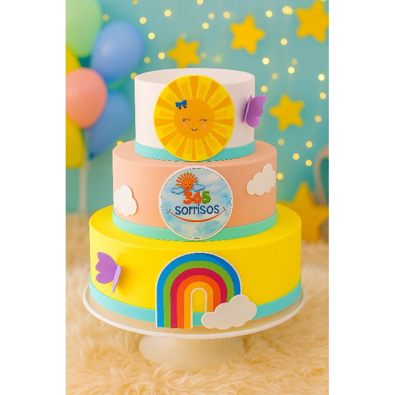 Bolo Fake 3 andares E.V.A 365 sorrisos sol arco-íris e nuvens borboletas ideal pra festa infantil
