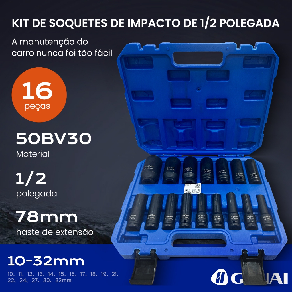 Kit de Soquetes de Impacto 1/2" 16 Peças 10-32mm - Com Maleta