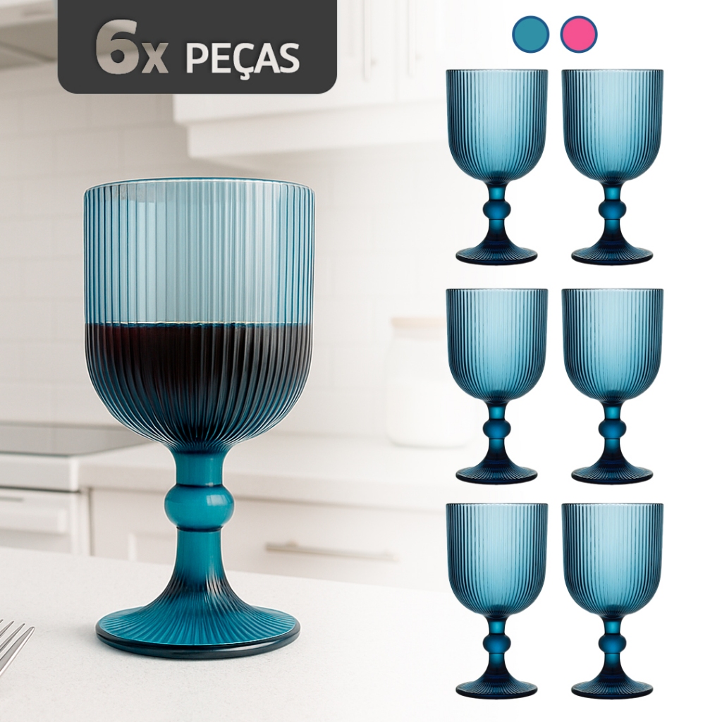 Kit 6 Taças Vidro 350ml Texturizado com Design Decorativo | Para Drinks e Sobremesas