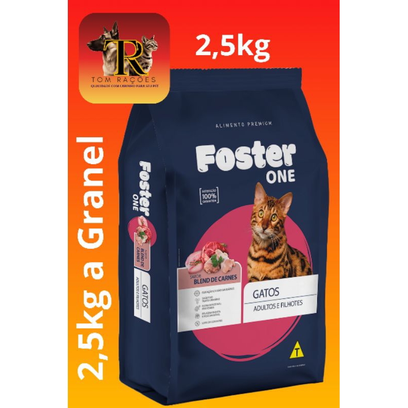 2,5kg a granel, FOSTER ONE PREMIUM GATOS ADULTOS E FILHOTES, sabor Blend de Carnes, 30% de proteínas, 100% de satisfação