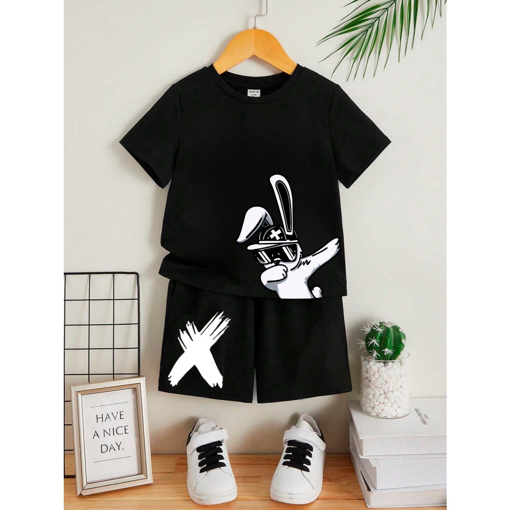 Conjunto Infantil e Juvenil Camiseta e Shorts Menino e Menina 4 ao 16 100% Algodão Preto Gospel