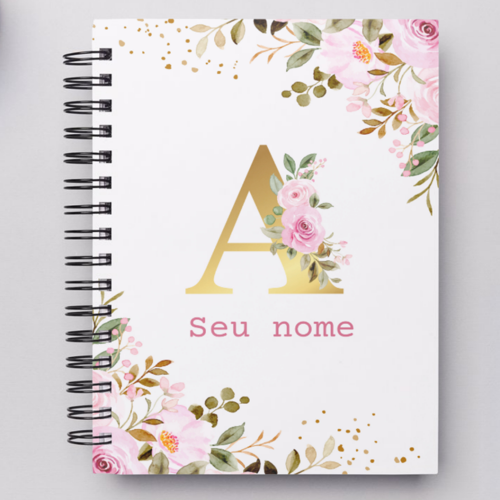 AGENDA 2026 PERSONALIZADA COM NOME ALFABETO FLORAL DOURADO WIRE-O BRANCO DOURADO ROSEGOLD