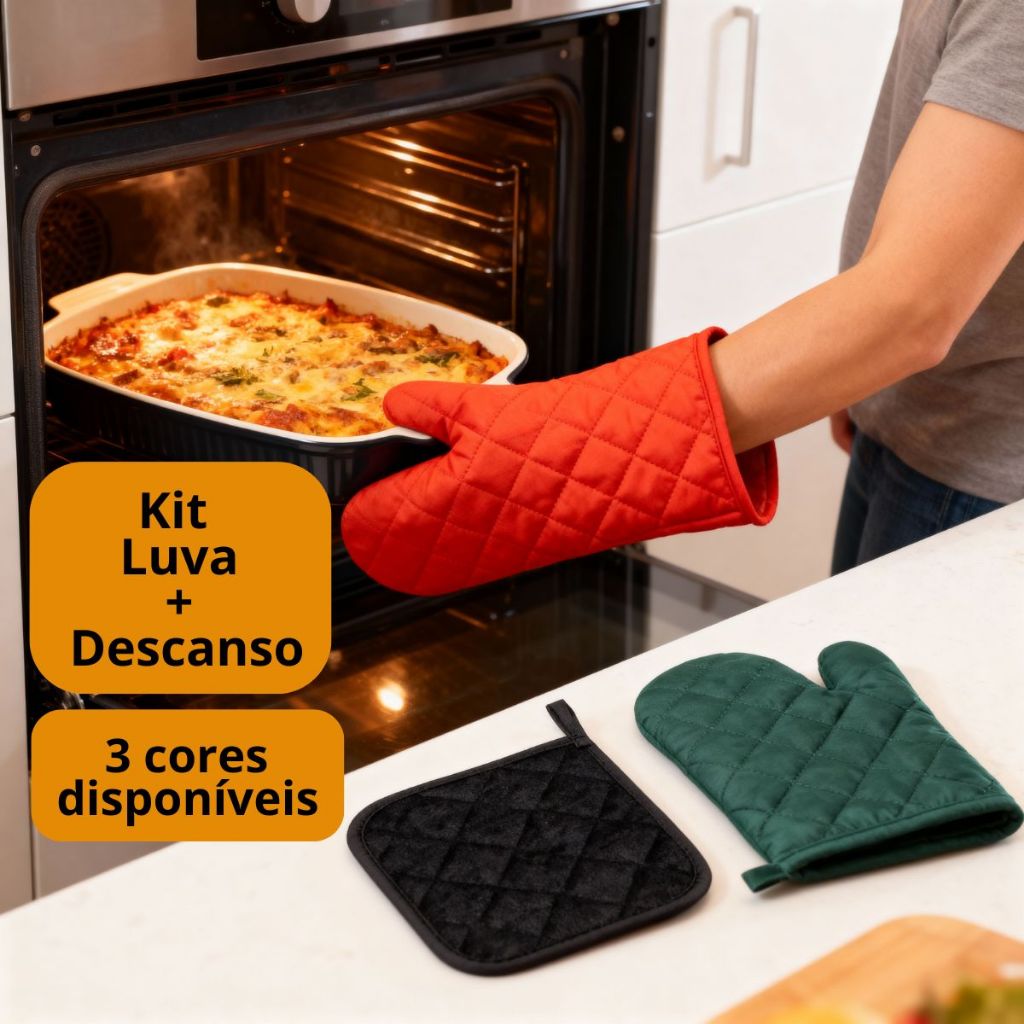 Luva térmica com descanso pegador aparador de panela para cozinha, forno, fogão com 3 cores (verde, vermelha e preta)