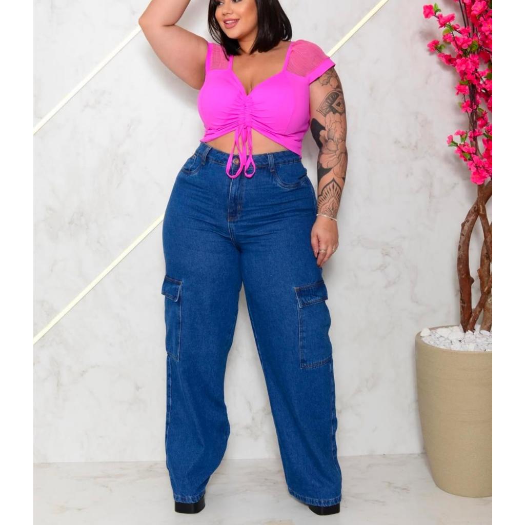 Calça Wide Leg Cargo Plus Size Feminina Cintura Alta com Bolsos laterais Reais
