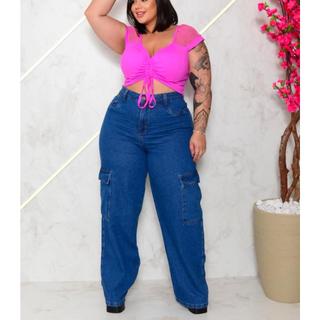 Calça Wide Leg Cargo Plus Size Feminina Cintura Alta com Bolsos laterais Reais