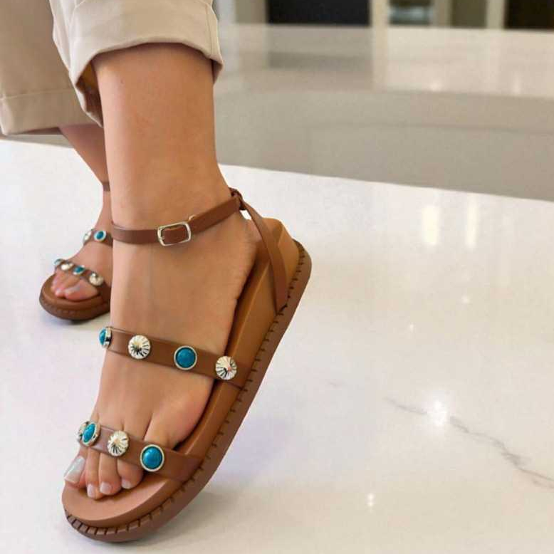 Sandália Papete Birken Feminina Pedraria Turquesa Ajuste Fivela Estilo e Conforto Tendencia Moda Confortavel