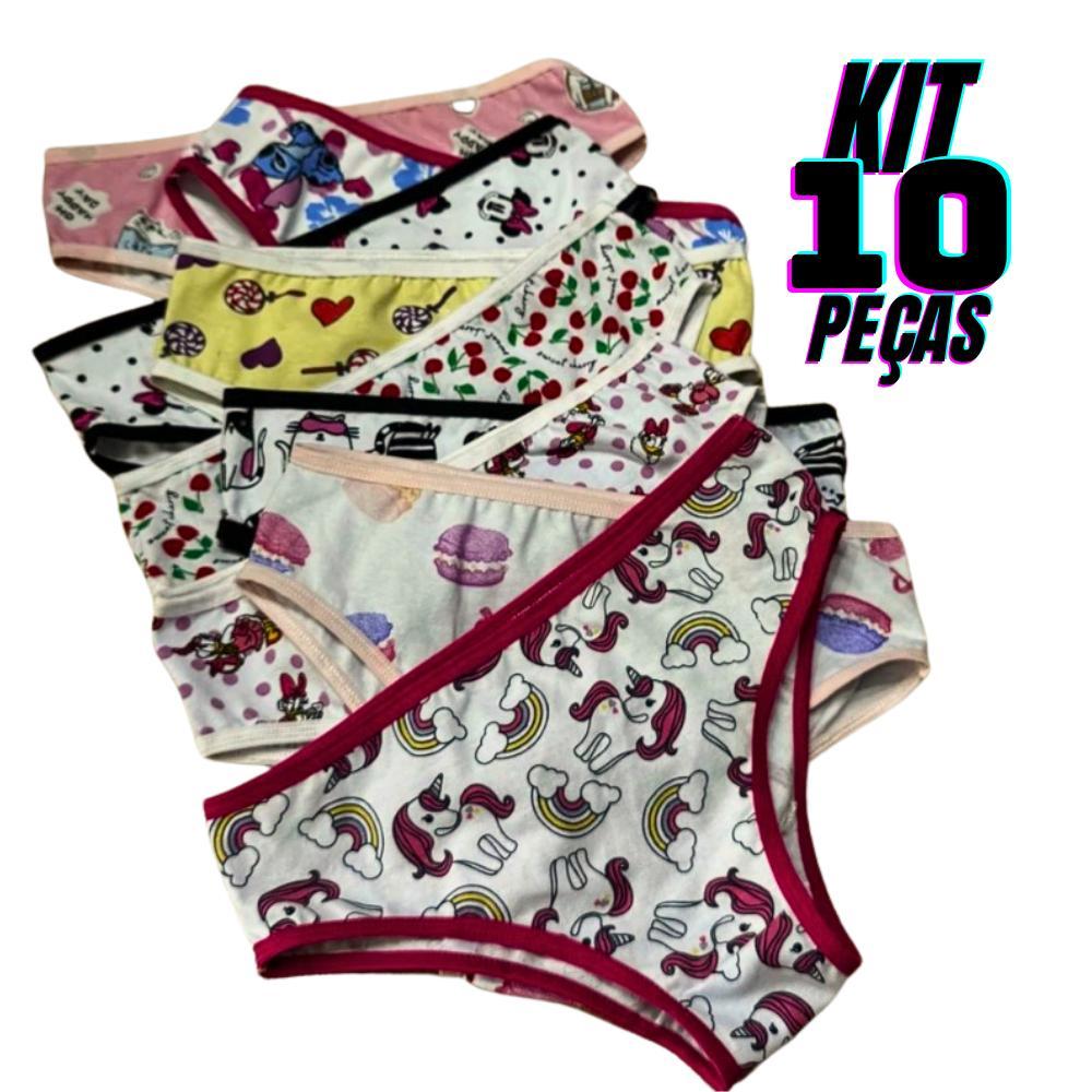 Kit 10 Calcinhas Infantil 100% Algodão Menina Criança Com Forro Antialérgica Estampada Confortável