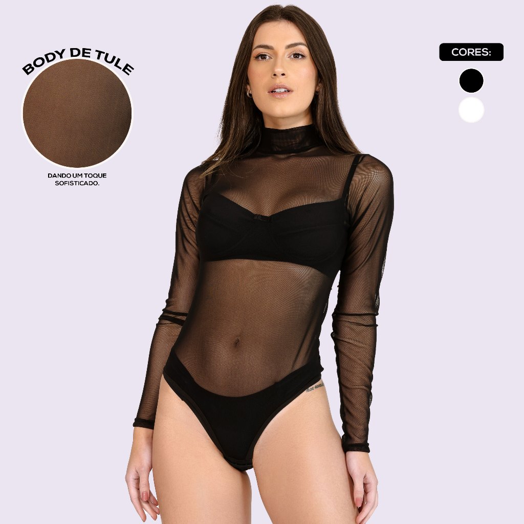 Body de Tule Gola Alta Moda Feminina Manga Longa Transparente D'ocê Modas em Oferta na Shopee