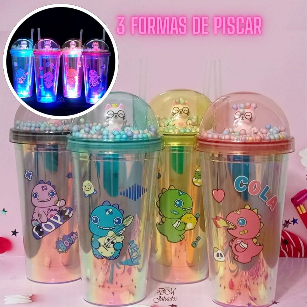 Copo Led Infantil Dino Divertido com Canudo e Tampa Acrílica / Presente Dia das Crianças