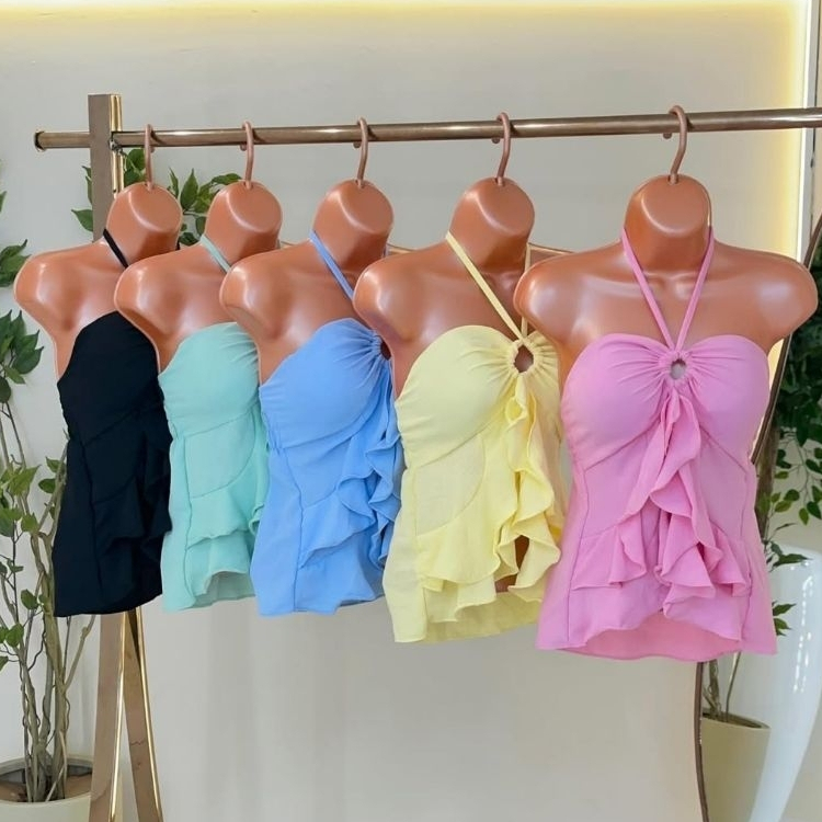 Blusa Bata Feminina Babado Tomara Que Caia Tendência Tecido Crepinho