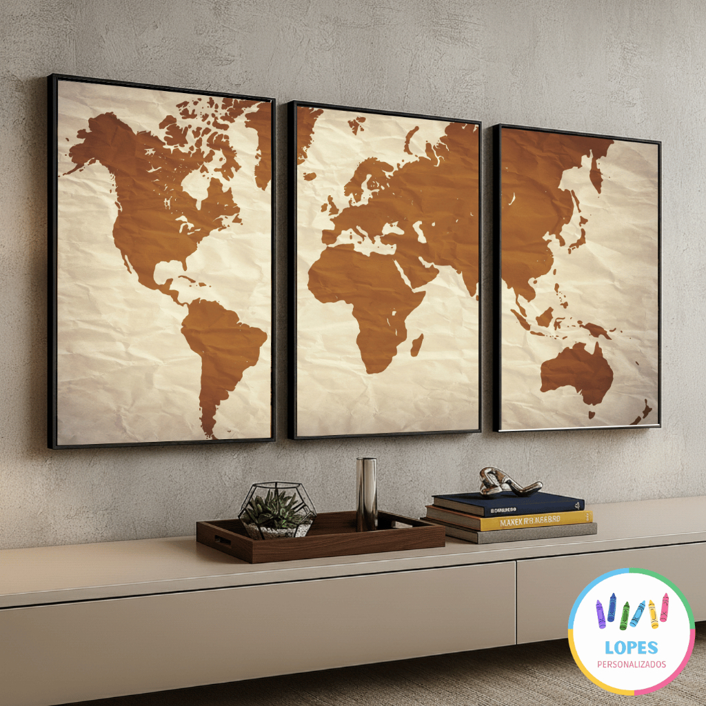 Kit 3 Peças Placa Quadros Decorativos Decoração Mapa Mundi Marrom Cartografia Geografia Mundial MDF