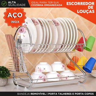 Escorredor de Louças Inox 2 Andares Duplo com Bandeja Porta Talheres e Porta Copos Para Cozinha - MZ