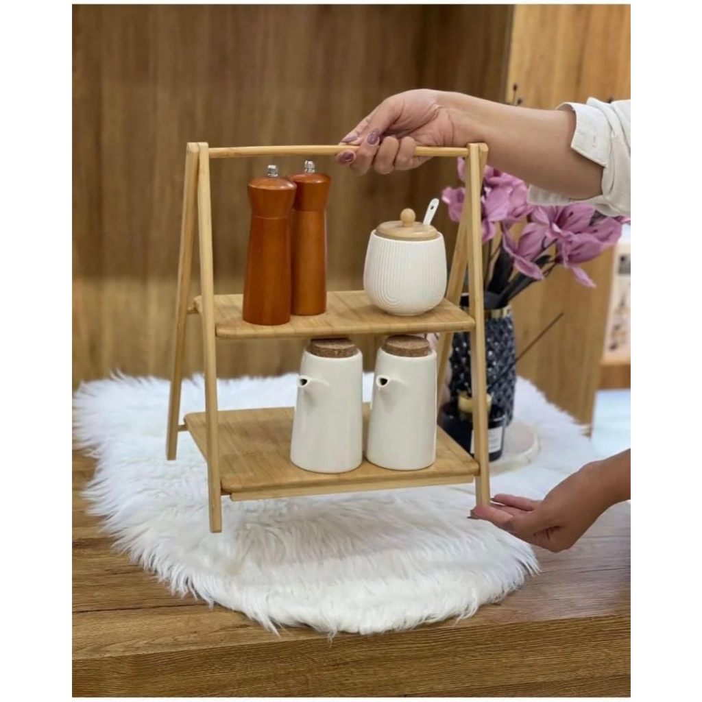 Porta Tempero Escada 2 Níveis Bambu ou Metal Organizador Porta Tempero Multiuso