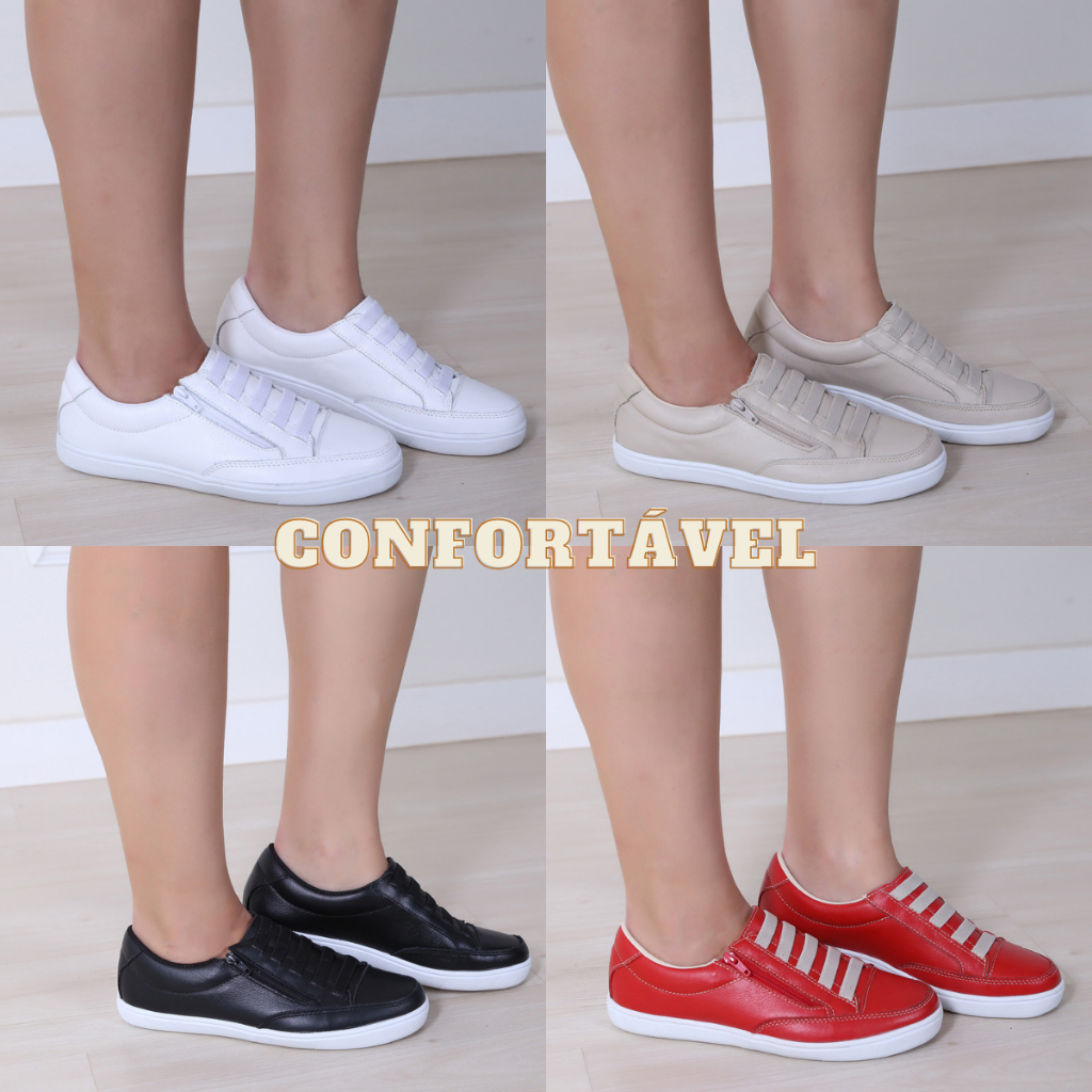 Tênis Feminino Casual De Couro e Ajuste Elástico e Zíper Lateral Muito Leve e Confortável em Oferta na Shopee