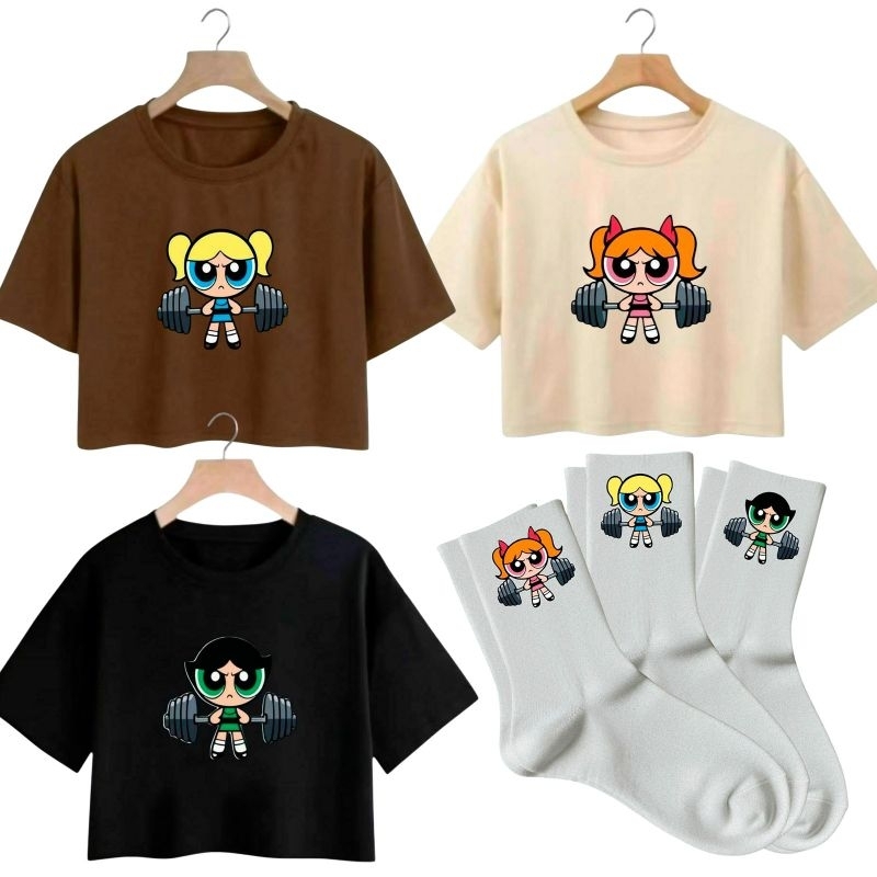 Kit 3 Cropped Feminino Algodão Super Poderosas + 3 Meias Estampadas Academia Lançamento em Oferta na Shopee
