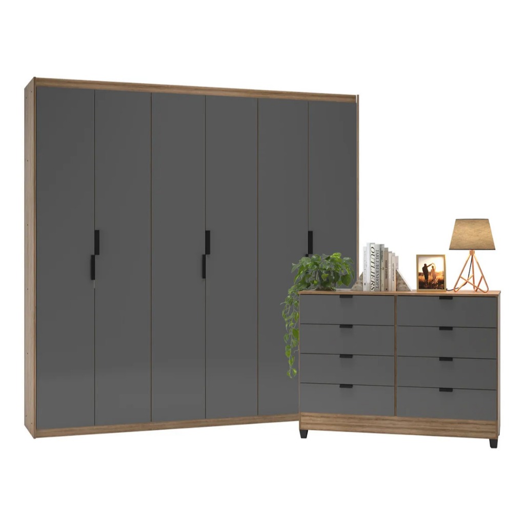Guarda-Roupa 6 Portas + Cômoda 8 Gavetas Puxador Metálico Design Industrial Para Quarto em Oferta na Shopee