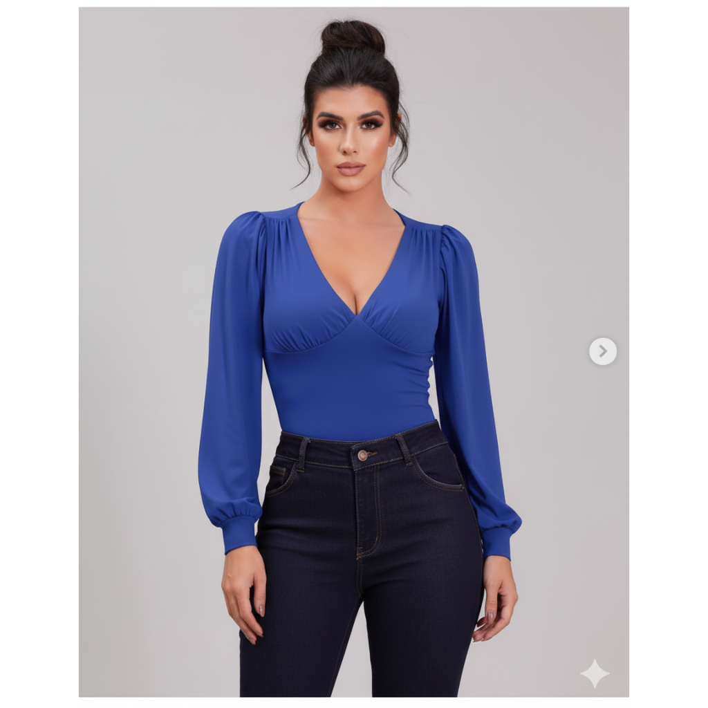 Blusa feminina estilosa decote V Manga Princesa Feminina