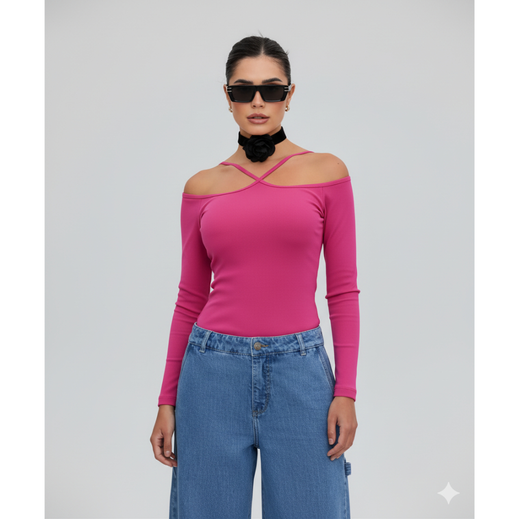 Blusa Feminina Estilosa | Blusa K2B Sanita Canelada Decote Ombro a Ombro e Alças com Bojo