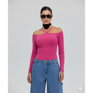 Blusa Feminina Estilosa | Blusa K2B Sanita Canelada Decote Ombro a Ombro e Alças com Bojo