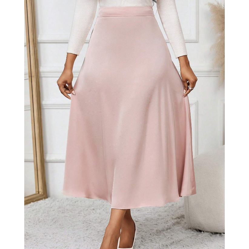 Saia De Cetim RODADA Feminina Casual De Cintura Alta Bolsos Fluida Lançamento