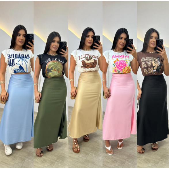 Saia De Cetim RODADA Feminina Casual De Cintura Alta Bolsos Fluida Lançamento em Oferta na Shopee