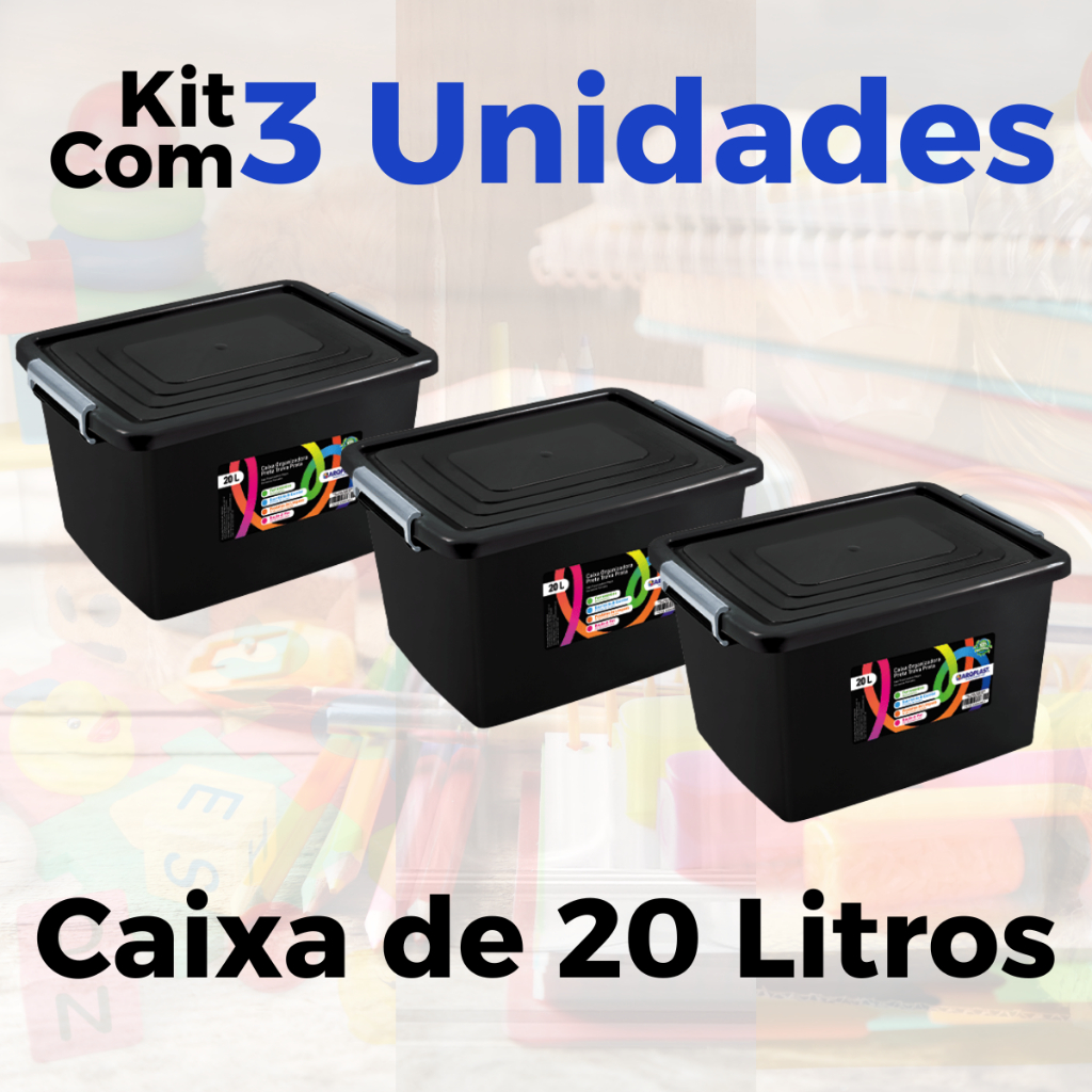 Kit Jogo De 3 Caixas Organizadoras Containers Com Tampa e Trava 20 Litros Cesto Organizador em Oferta na Shopee