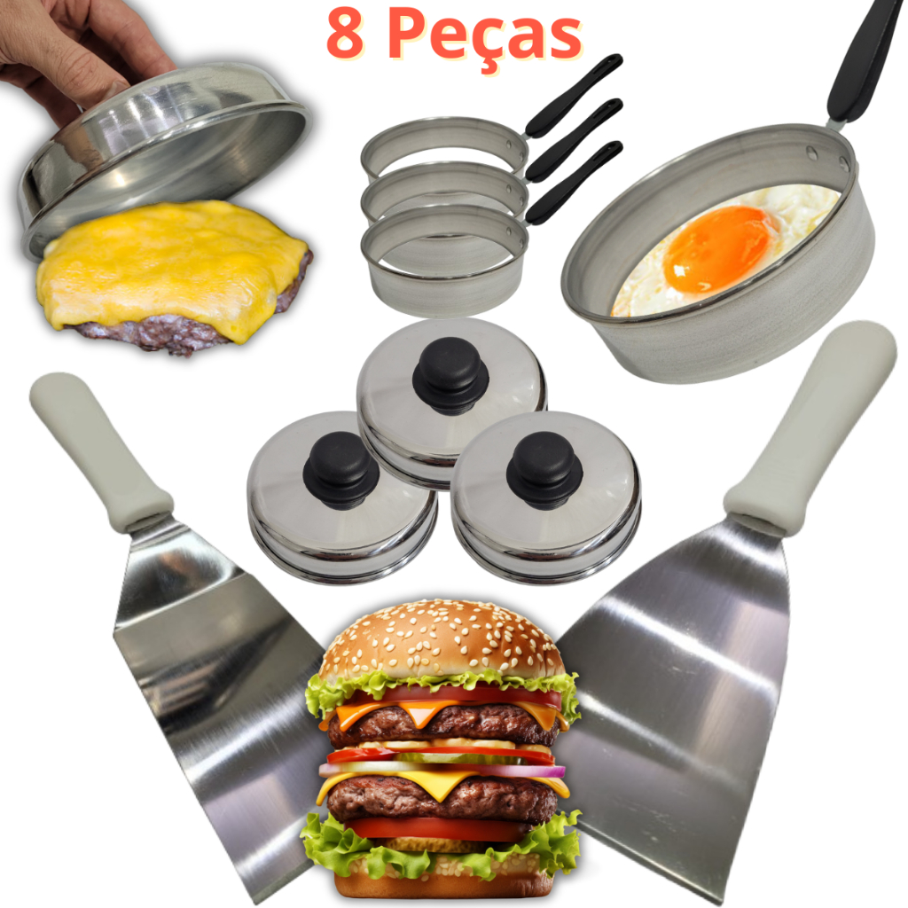 Kit Lanchonete Bar Profissional 3 Abafador Alumínio 3 Modelador Fritar Ovos 2 Espátulas Aço Inox