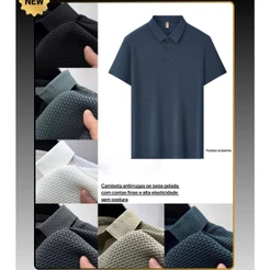Camisa polo casual masculina para negócios, blusa de lapela de cor sólida, seda gelada, respirável e confortável.