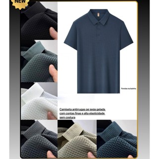 Camisa polo casual masculina para negócios, blusa de lapela de cor sólida, seda gelada, respirável e confortável. em Oferta na Shopee