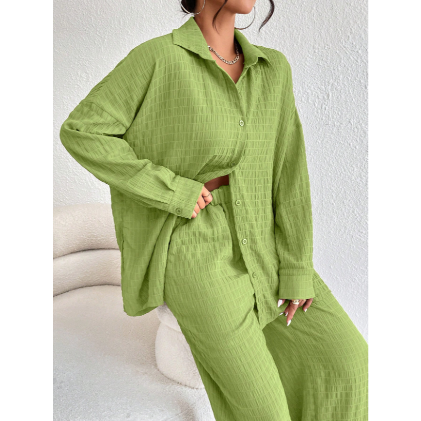 Sólido Ombro caído Camisa & Calças pernas largas em Oferta na Shopee