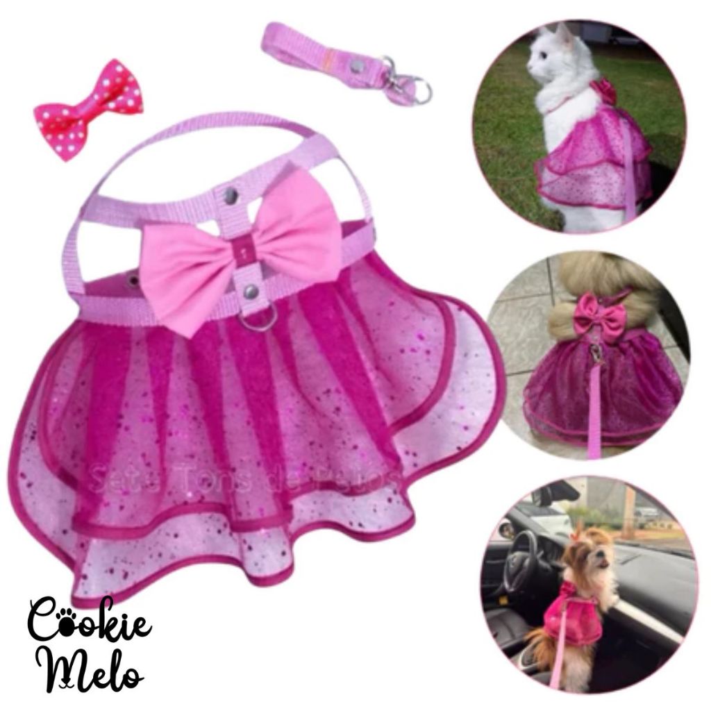 Coleira Peitoral Pet Gato Cachorro Com Saia e Laço Fema Vestido Roupa Passeio em Oferta na Shopee