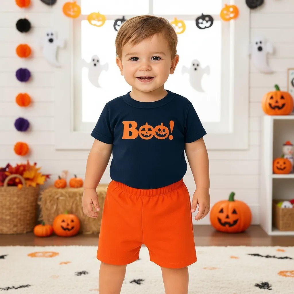 Conjunto Infantil Halloween Roupa Bebê Menino Abóbora Fantasia Criança Camiseta e Short Temático 1-3 anos