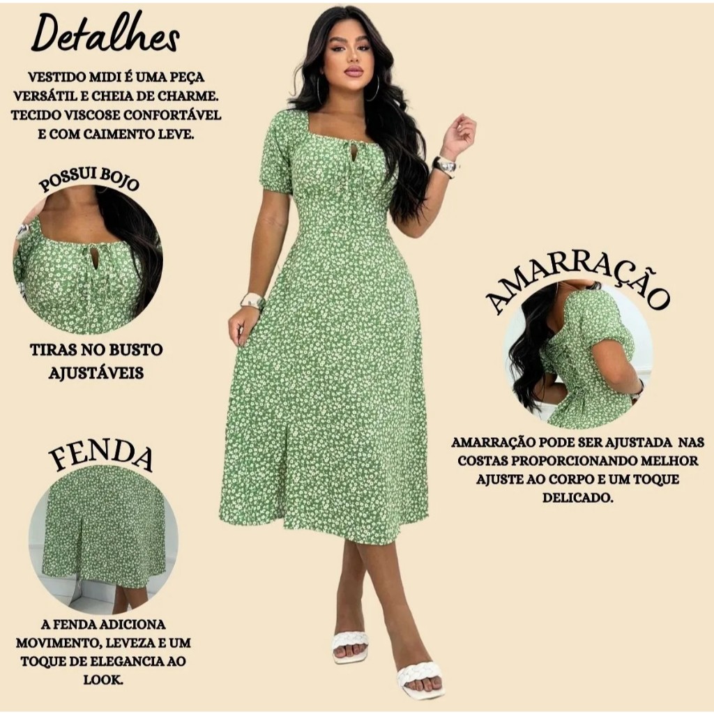 Vestido Marrom Floral Verão Viscolinho com Bojo, Manguinha, Corset e Amarração nas Costas